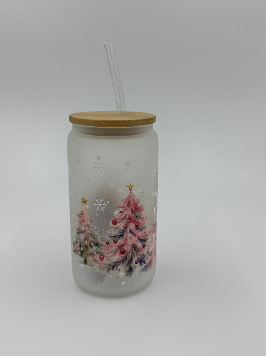 Pink Christmas Frosted Glass Can Cup