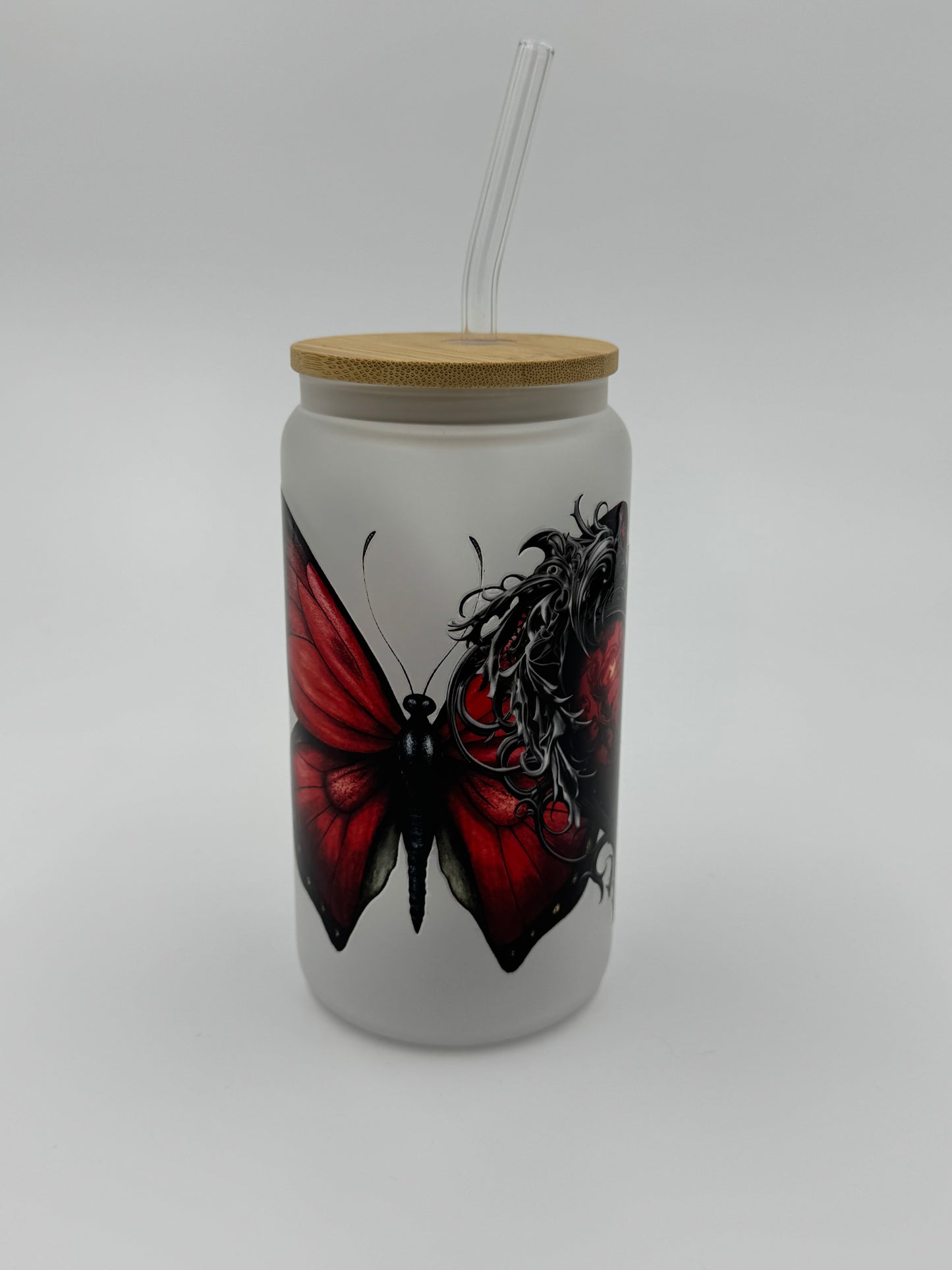 Red Heart & Butterflies Frosted Glass Can Cup