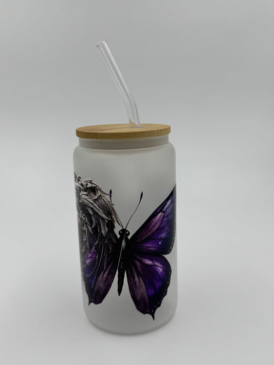 Purple Heart & Butterflies Frosted Glass Can Cup