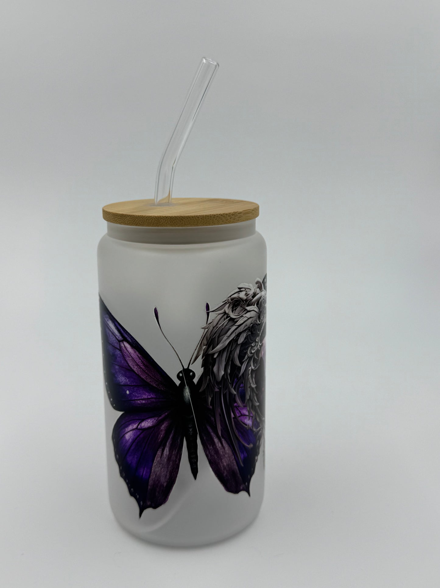 Purple Heart & Butterflies Frosted Glass Can Cup