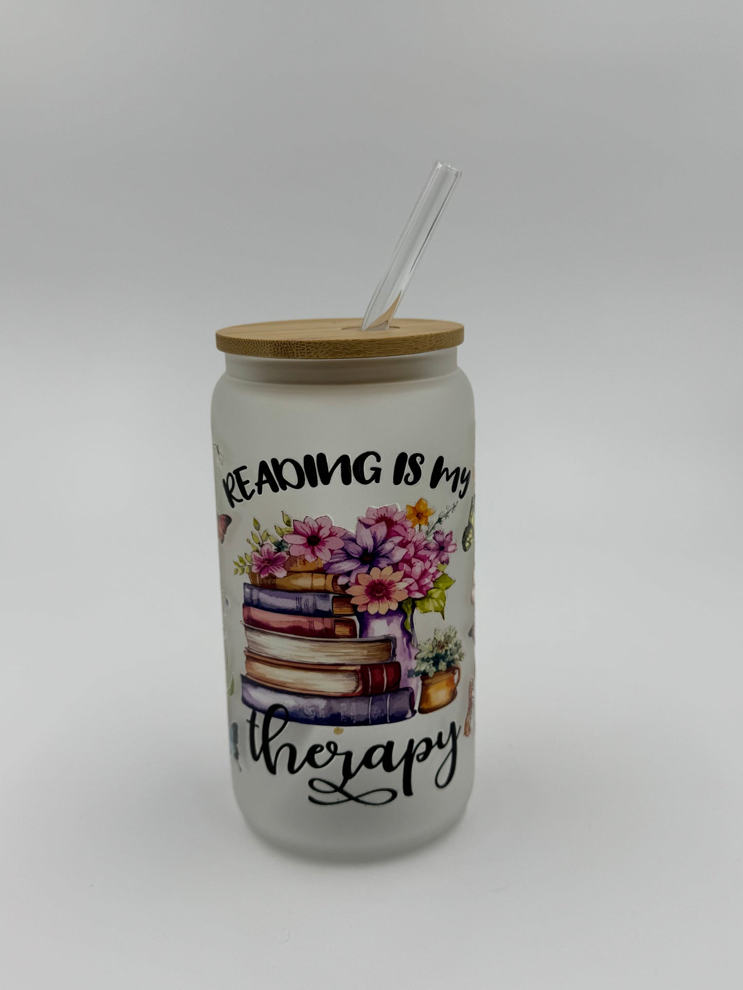 “Reading is my Therapy” Frosted Glass Can Cup