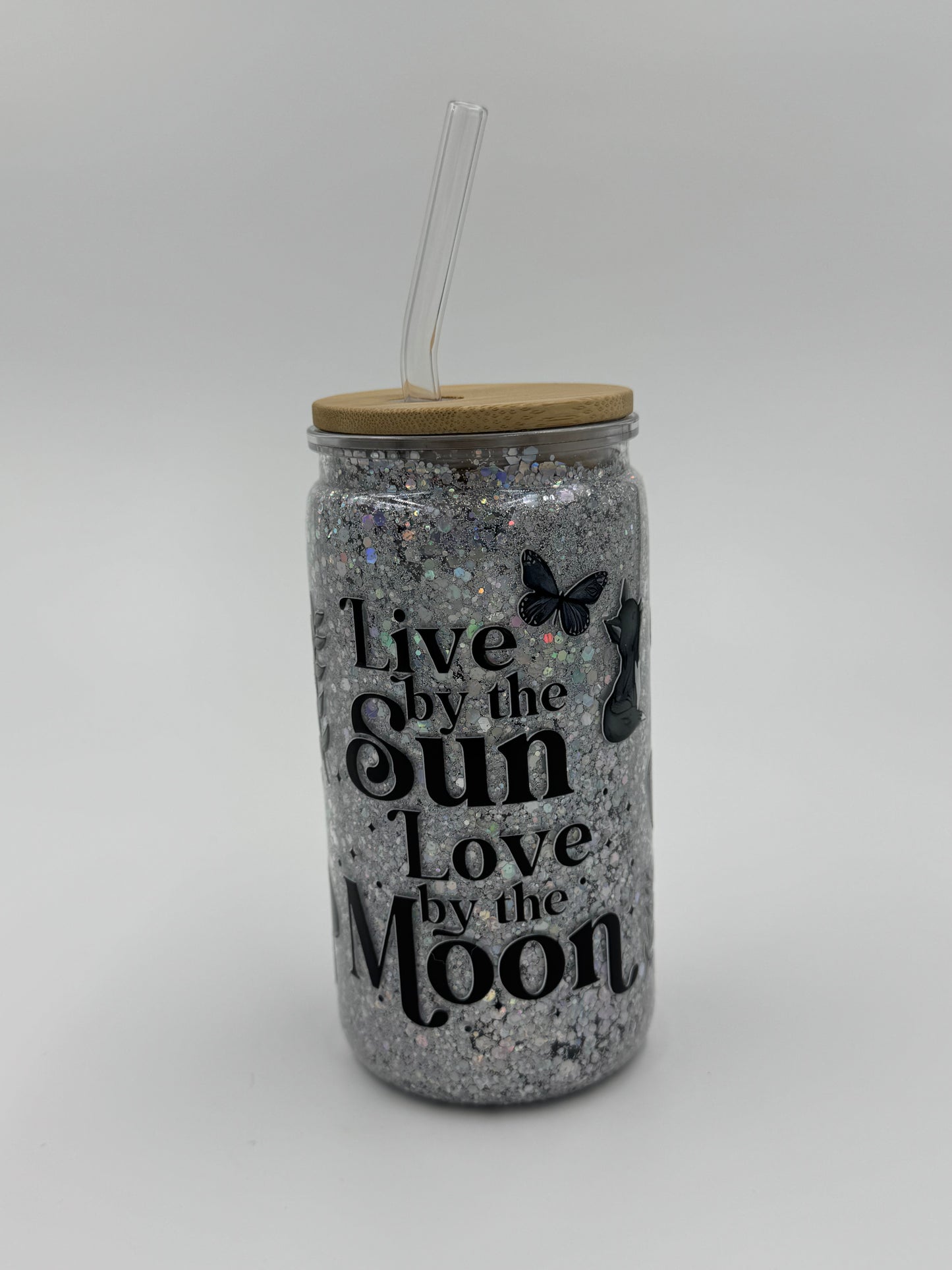 “Live by the Sun, Love by the Moon” Glitter Can Cup