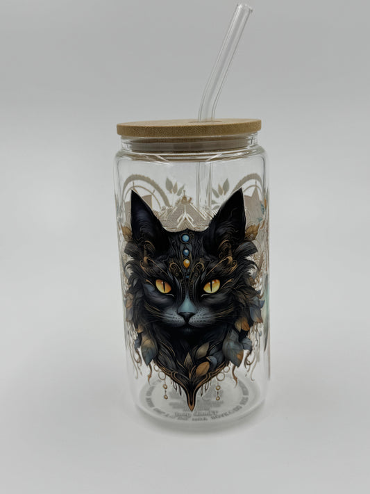 Black Cat and Dream Catcher Glass Can Cup