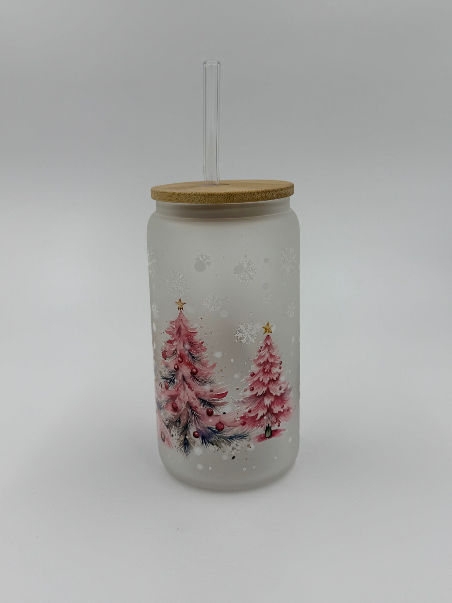 Pink Christmas Frosted Glass Can Cup
