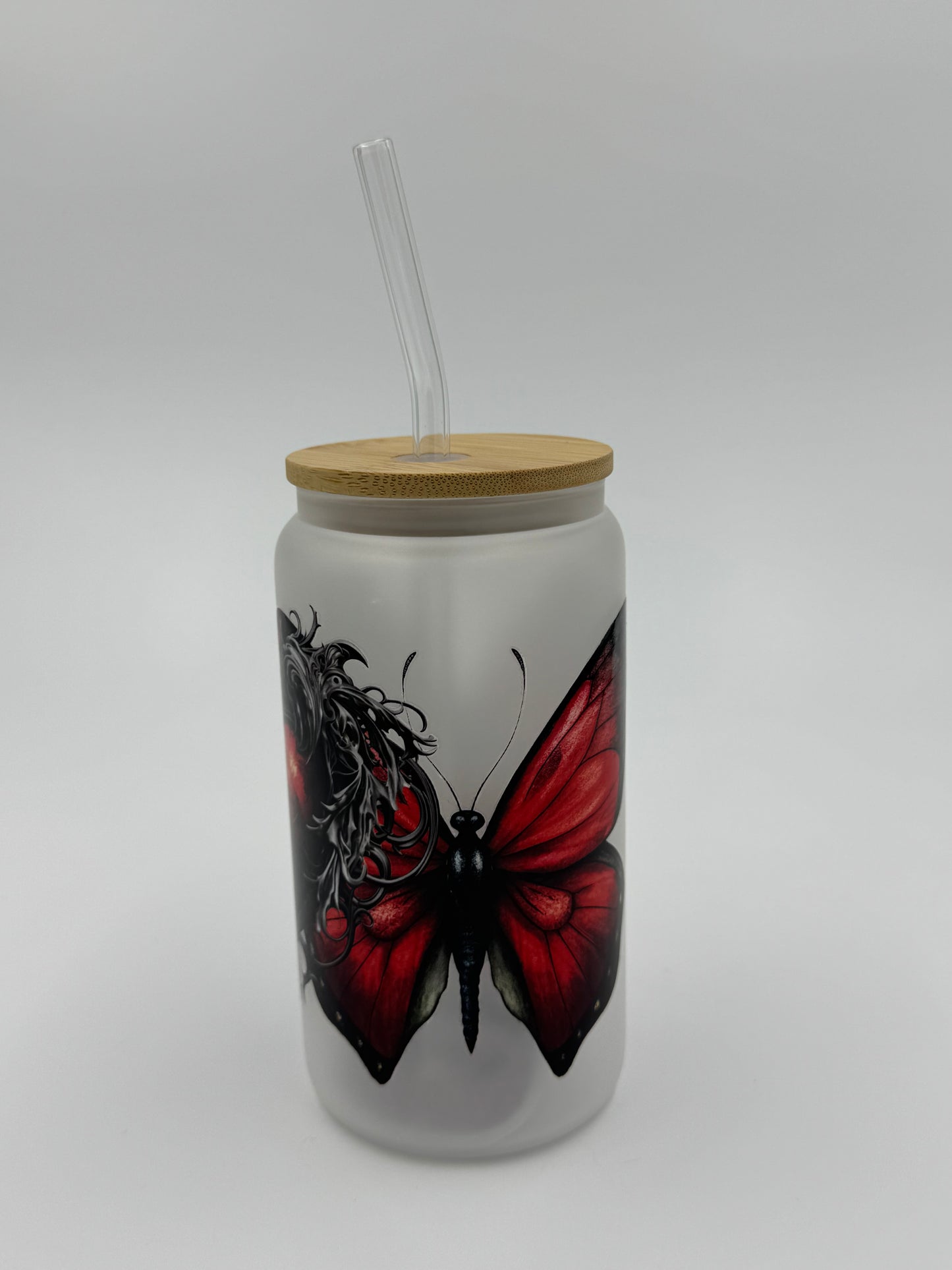 Red Heart & Butterflies Frosted Glass Can Cup