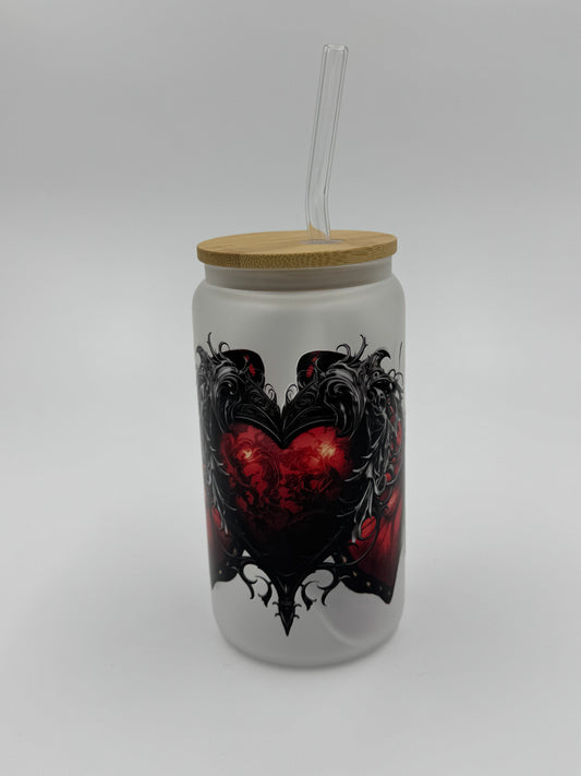 Red Heart & Butterflies Frosted Glass Can Cup