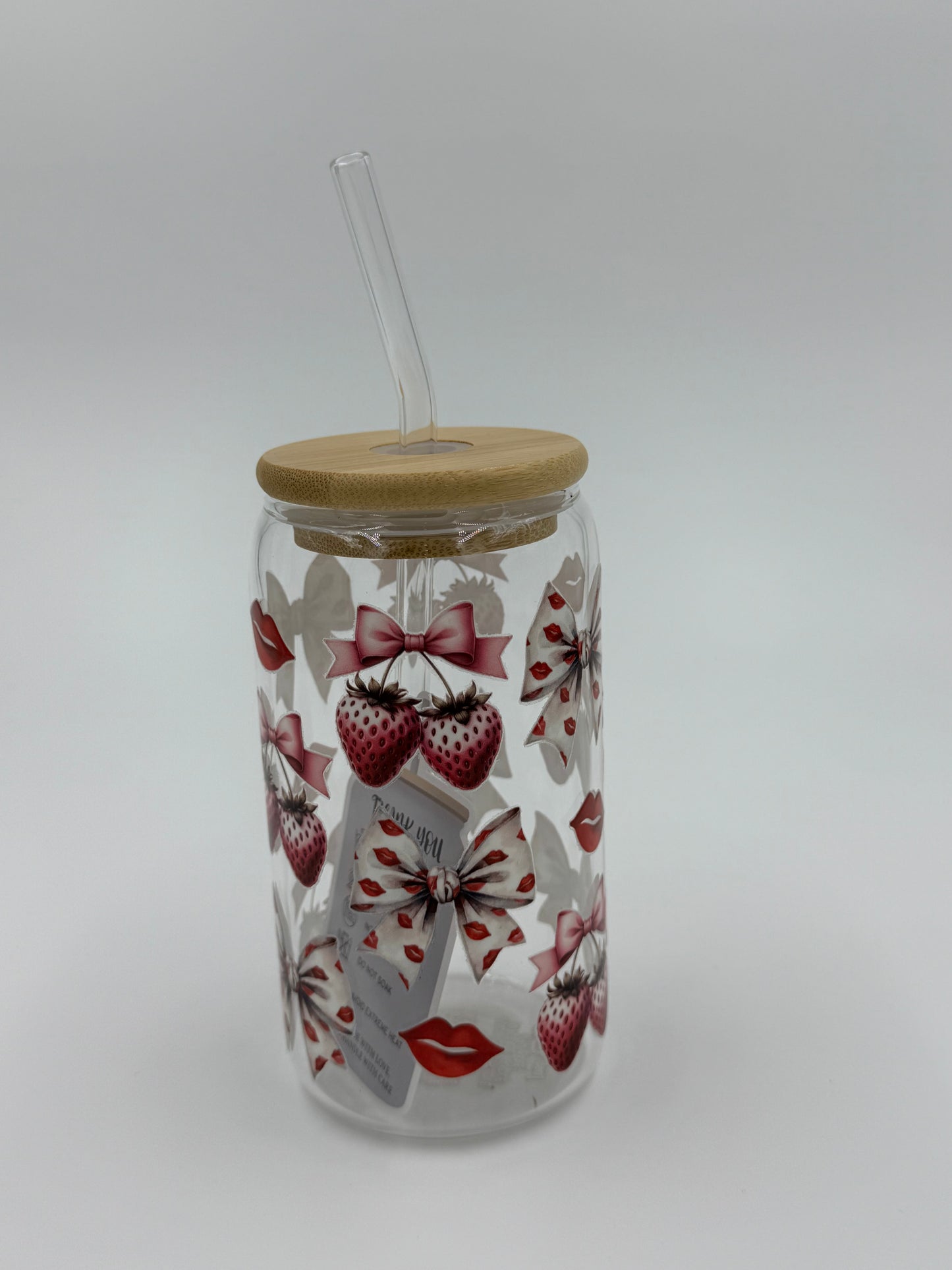 Strawberry & Bows Glass Can Cup