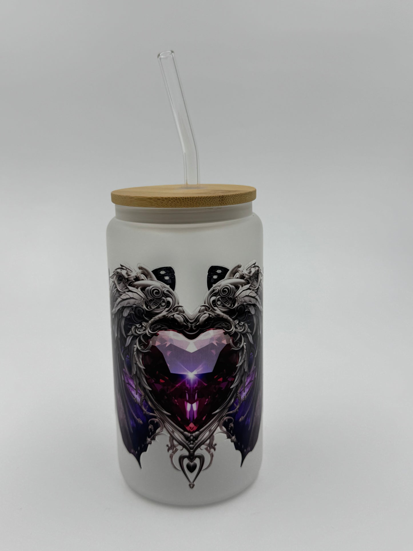 Purple Heart & Butterflies Frosted Glass Can Cup