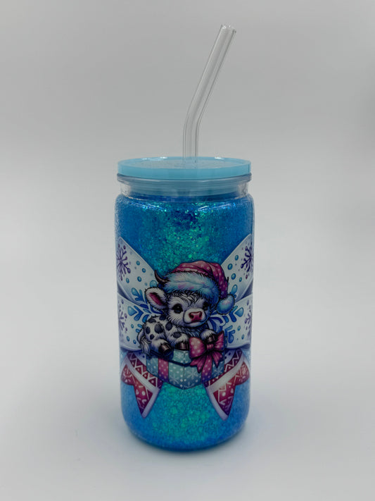 Winter Highland Cow Glitter Can Cup