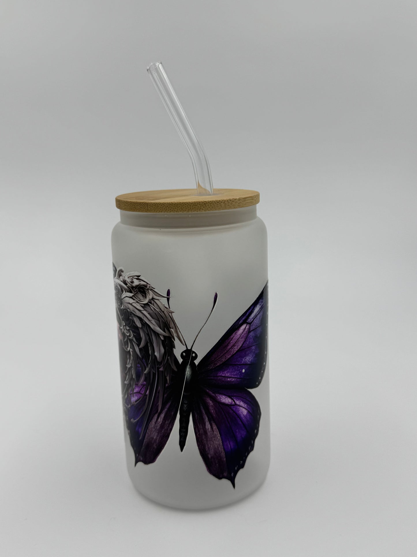 Purple Heart & Butterflies Frosted Glass Can Cup