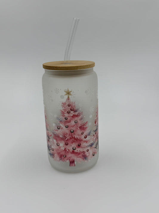 Pink Christmas Frosted Glass Can Cup